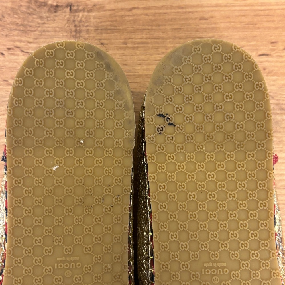 GUCCI Crinkled Leather Web Pilar Bee Espadrille Flat Gold Women Size 40 Slip On - Picture 12 of 14